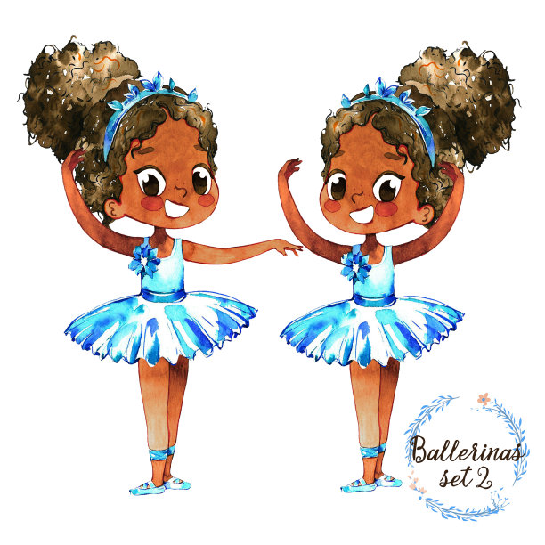 非裔美国芭蕾舞演员婴儿性格训练集。可爱的小女孩在蓝色芭蕾舞裙舞蹈孤立在白色的背景。儿童芭蕾舞横幅设计概念平面卡通插图图片下载