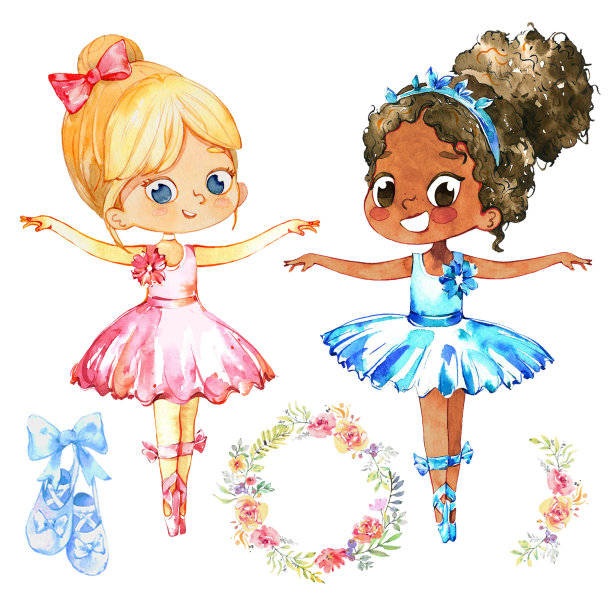 非裔美国芭蕾舞者公主角色舞者设置。可爱的小女孩穿着蓝色芭蕾短裙在学校上课。婴儿芭蕾舞海报设计概念平面卡通插图图片下载