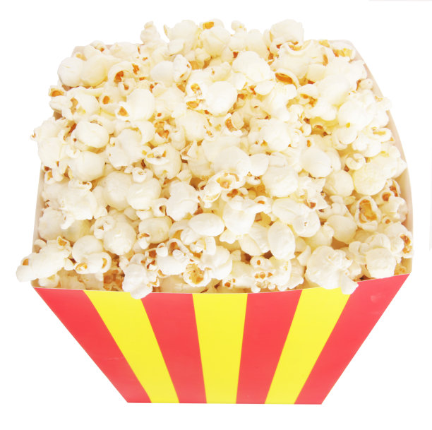 爆米花在红色和黄色条纹纸板箱影院或电视图片下载