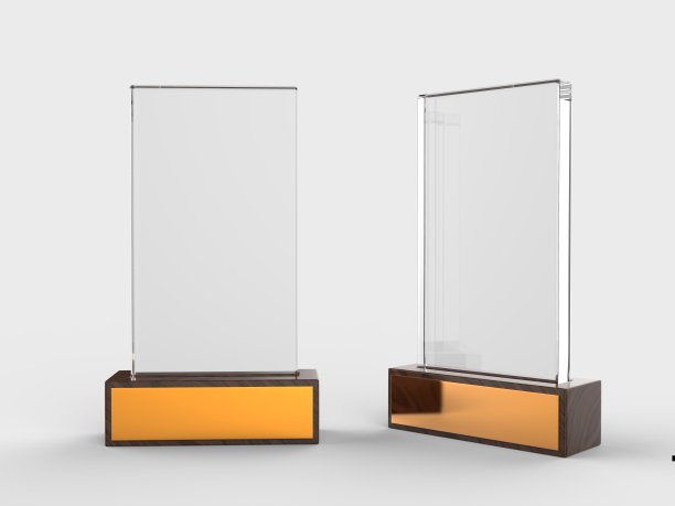 空白玻璃奖杯模型站在木质底座上，3d渲染插图。图片下载