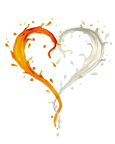 将液体白色牛奶，保湿酸奶和蜂蜜或橄榄油以心形的形式飞溅在白色的背景上图片下载