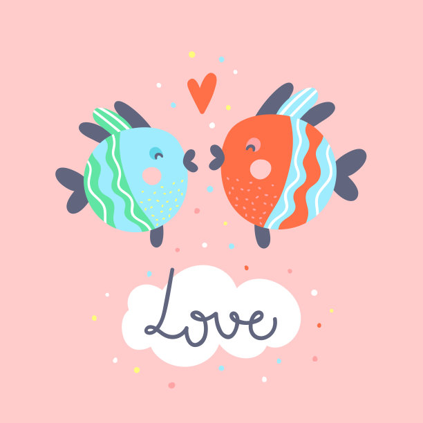 两条鱼亲吻一对可爱的矢量插图。浪漫的涂鸦卡片概念与字母图片下载
