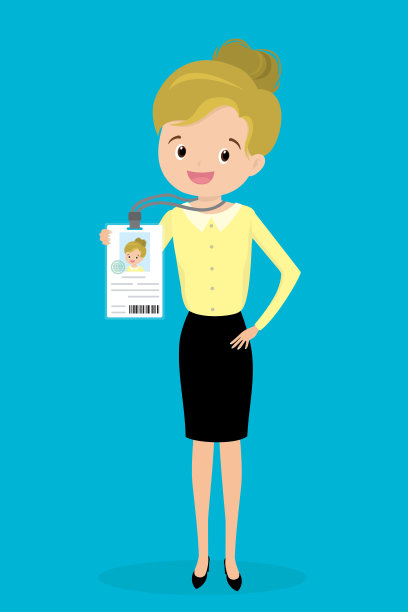 幸福的白人女商人或办公室职员拿着带有身份证，照片和二维码的徽章，图片下载