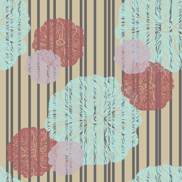 花无缝模式与报春花斑马条纹背景。抽象的矢量为您的设计图片下载