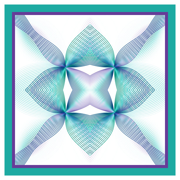 披肩,大手帕设计。白色背景上的蓝色、绿松石装饰。线条艺术五彩图案。万花筒效果，镜面反射。对称的抽象作品。微妙的波浪曲线图片下载