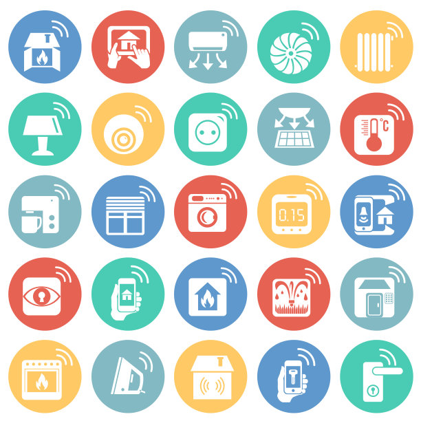 智能家居设置上的彩色按钮背景图形和网页设计，现代简单的矢量标志。网络的概念。时髦的符号为网站设计网页按钮或移动应用程序。图片下载