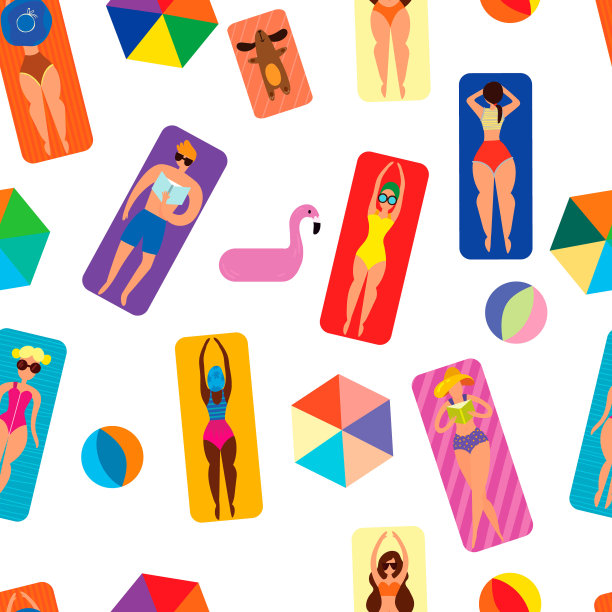 夏天和人在沙滩上天衣无缝。暑假里，女人穿着比基尼晒日光浴。图片下载