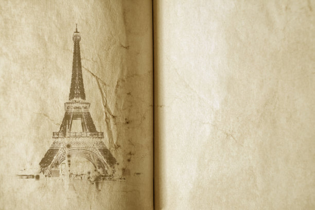 旧的纸质纹理背景与剪影的埃菲尔铁塔在巴黎。高质量的照片纹理的老旧的纸磨损，裂缝和洒了咖啡滴。图片下载