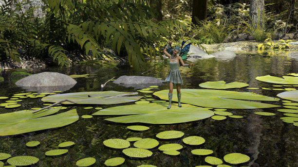 一个带翅膀的小仙女在一个百合叶上跳舞的插图靠近小溪的岸边与森林的背景。图片下载