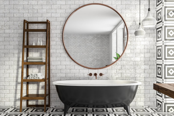 白砖浴室，浴缸和镜子图片下载