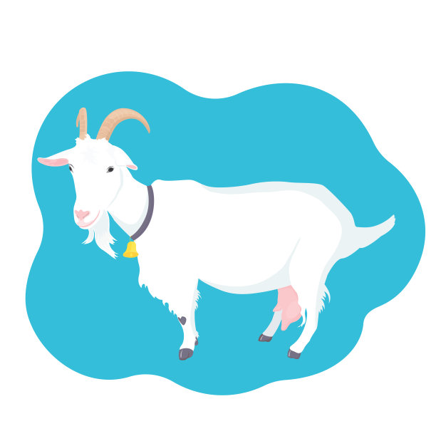 脖子上有角、乳房和铃铛的山羊。农场奶牛的动物图片下载