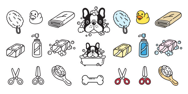 狗矢量法国斗牛犬图标浴缸淋浴肥皂洗发水橡皮鸭卡通人物插图涂鸦图片下载