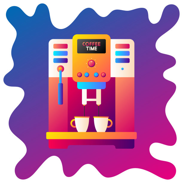 咖啡机渐变平面图标与流体背景。图片下载