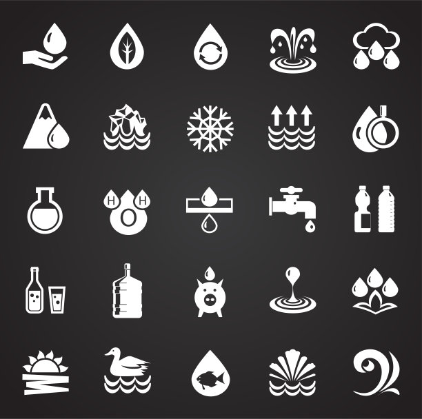 水图标设置在黑色背景的图形和网页设计，现代简单的矢量标志。网络的概念。时髦的符号为网站设计网页按钮或移动应用程序。图片下载