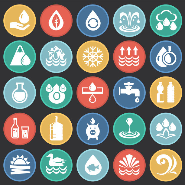 水图标设置在彩色圆圈黑色背景图形和网页设计，现代简单的矢量标志。网络的概念。时髦的符号为网站设计网页按钮或移动应用程序。图片下载