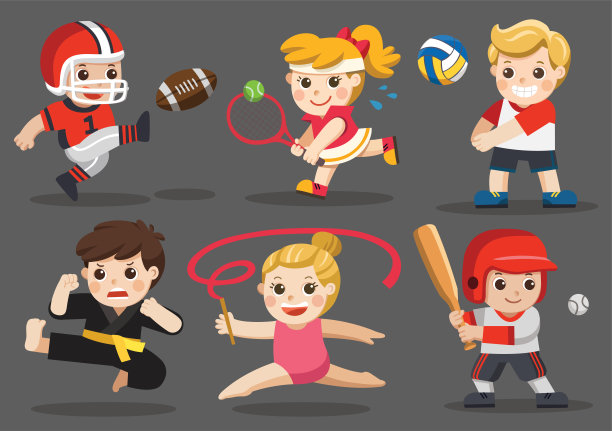 儿童团体运动包括空手道，排球，美式足球，棒球，网球，体操。图片下载