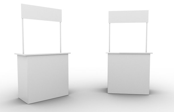 白色空白广告POS POI PVC促销柜台摊位，零售贸易摊位上的灰色背景。模拟模板为您的设计。3D插图图片下载