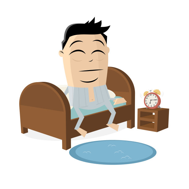 疲惫的卡通男人从床上爬起来图片下载