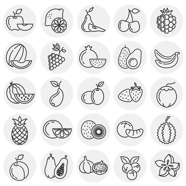 水果图标设置在圆形背景图形和网页设计，现代简单的矢量标志。网络的概念。时髦的符号为网站设计网页按钮或移动应用程序。图片下载