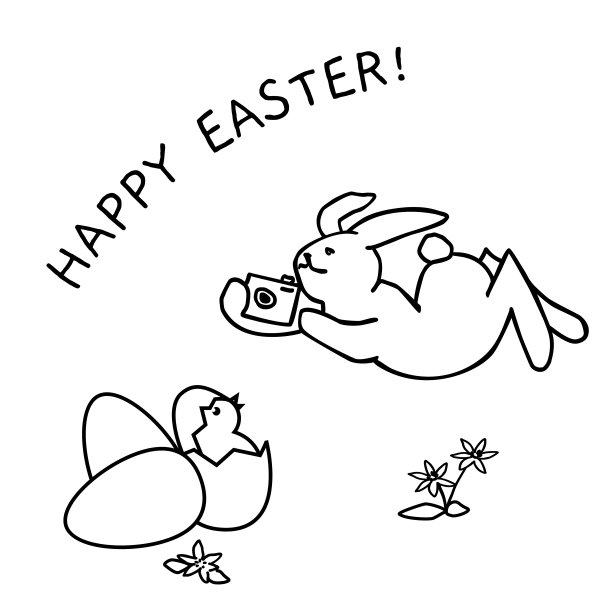 黑白复活节摄影师兔子。成人和儿童涂色书页。复活节主题矢量插图的礼品卡，传单，证书或横幅，图标，标志，贴纸图片下载