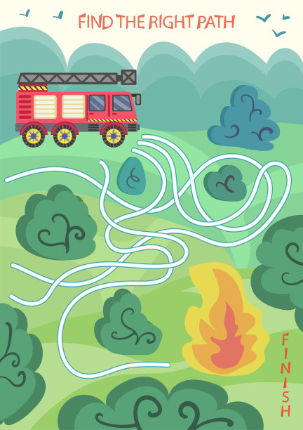 儿童迷宫。找到从消防车到公园火灾的正确路径。有趣的谜语背景卡通景观。儿童游戏活动页面。孩子们玩迷宫游戏。矢量插图。图片下载