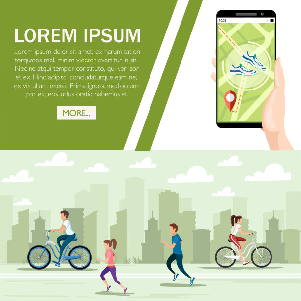 漂亮的女人和男人骑自行车和跑步。穿运动服的人。卡通人物设计。平面矢量插图上的城市景观背景。网站页面和移动应用程序设计图片下载