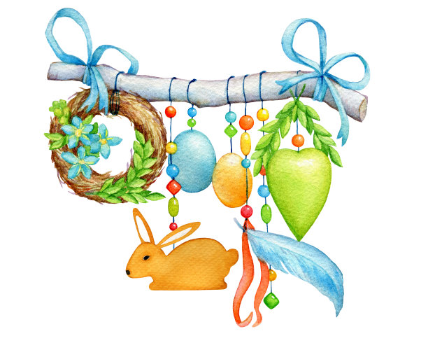 复活节快乐——用可爱的小兔子，彩色的鸡蛋，花，心，柳条花环春天的小树枝和珠子装饰小树枝。手绘水彩画插图孤立的白色背景。图片下载