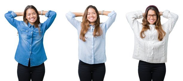 美丽的年轻女子在孤立的背景上的拼贴画放松和伸展手臂和双手在头和脖子后面，快乐地微笑着图片下载