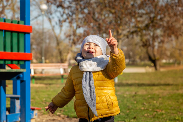 克罗地亚萨格勒布，一个阳光明媚的公共操场上可爱的小男孩。图片下载