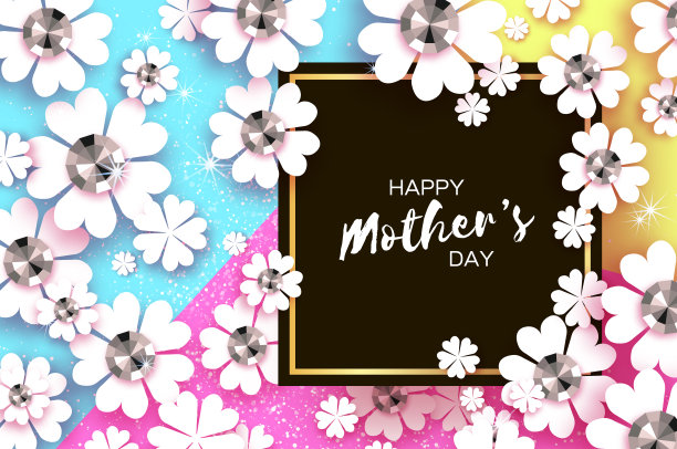 快乐的母亲节。白色鲜花贺卡与辉煌的石头。妇女节用剪纸花。花的节日。美丽的花束上彩色的背景。黑色方形框架的文本。图片下载