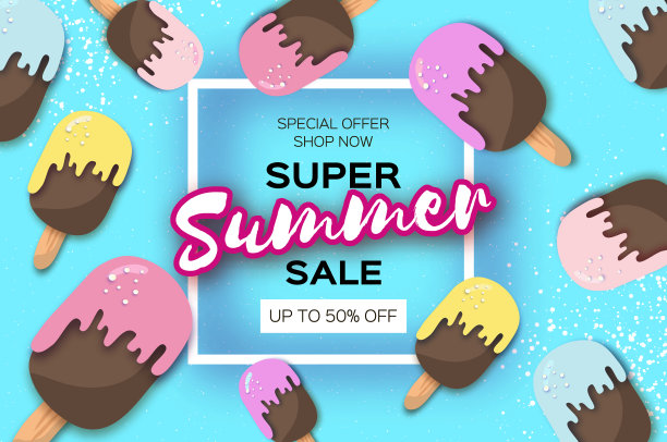 剪纸风格的冰淇淋超级夏季特卖。蓝色上的冰淇淋正在融化。空间的文本。方形框架。炎热的夏季。假期。图片下载