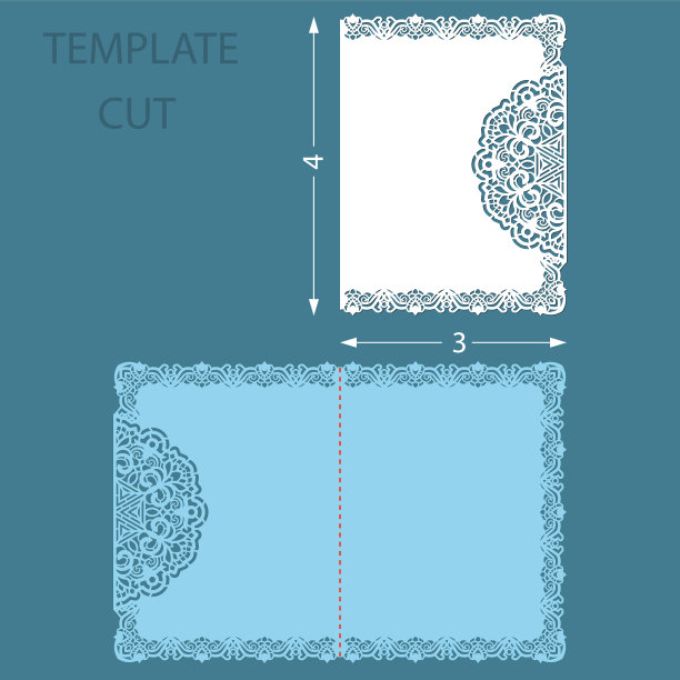 模板问候祝贺卡与装饰边界的边缘。婚礼请柬激光切割。切出纸卡片与花边边与长宽比3和4。向量。图片下载