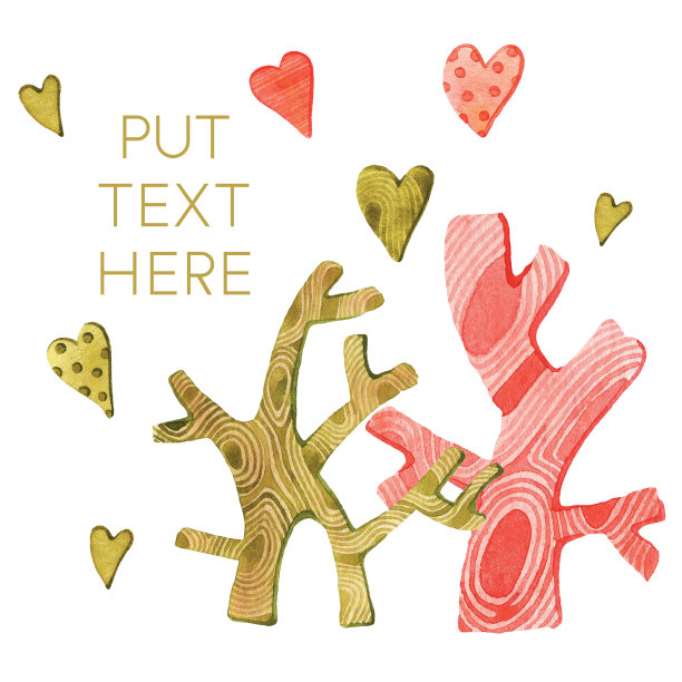 水彩画与红色，绿色的心和树在白色(孤立的)背景。手绘模板，设计贺卡，海报，印刷品，横幅和纺织品。图片下载