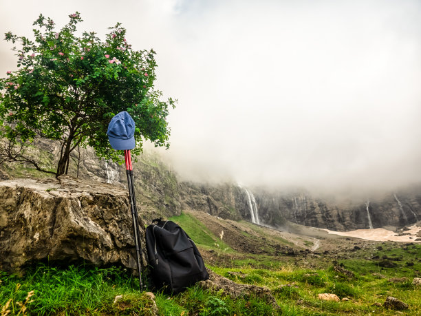 徒步旅行者。背包，手杖和游客的帽子停在山上的树下。图片下载