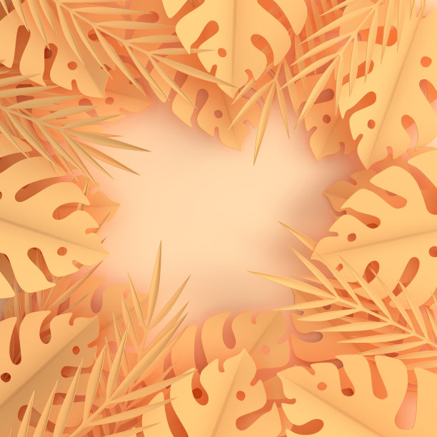 热带棕榈叶纸框架。夏季热带色彩柔和的叶子。折纸异国情调的夏威夷丛林树叶，夏季背景。剪纸。最小的风格。三维渲染图片下载