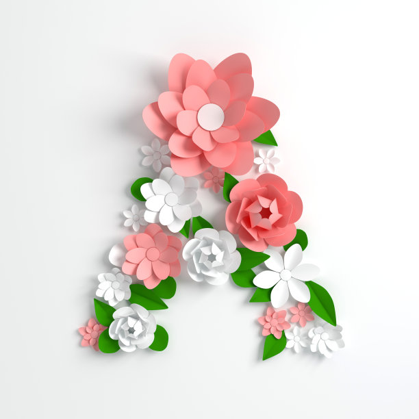 纸花字母字母A 3d渲染。粉彩花在现代纸艺术折纸风格。平面数字插图图片下载