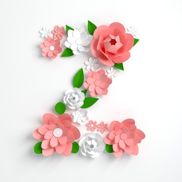 纸花字母Z 3d渲染。粉彩花在现代纸艺术折纸风格。平面铺设数字插图。孤立在白色图片下载