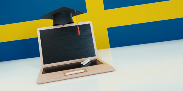 木头做的笔记本电脑和一个在瑞典国旗前的学位帽图片下载