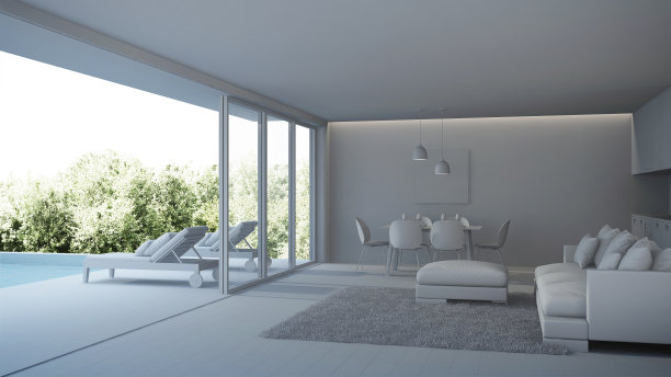 现代房子内部。带游泳池的别墅内部。3 d渲染。图片下载