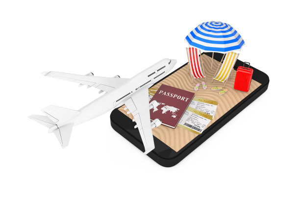 网上订票概念。白色喷气客机飞越手机护照，机票和沙滩热带海滩。3d渲染图片下载