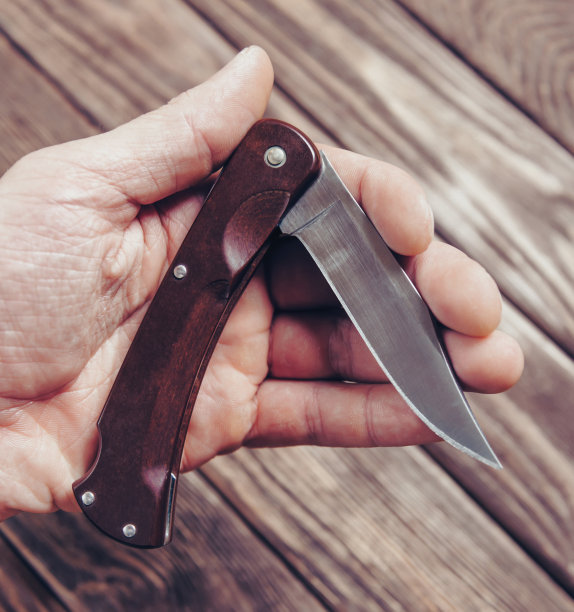 男性手中的折叠刀。图片下载