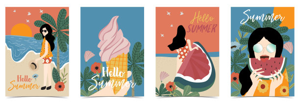 橙色蓝色的夏日明信片，有女人，花，海滩，树，西瓜，冰淇淋和树叶图片下载