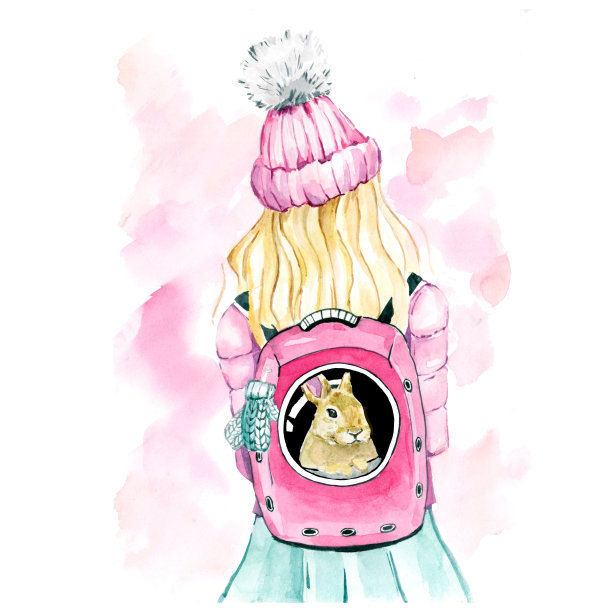 女孩在粉红色的夹克和帽子与兔子在背包，春天水彩画在粉红色的背景图片下载