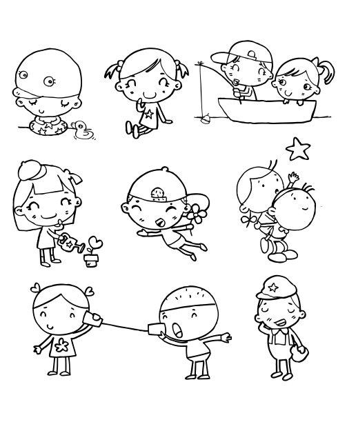 可爱快乐的卡通儿童涂鸦，一组儿童素描，一组儿童人物矢量插图图片下载