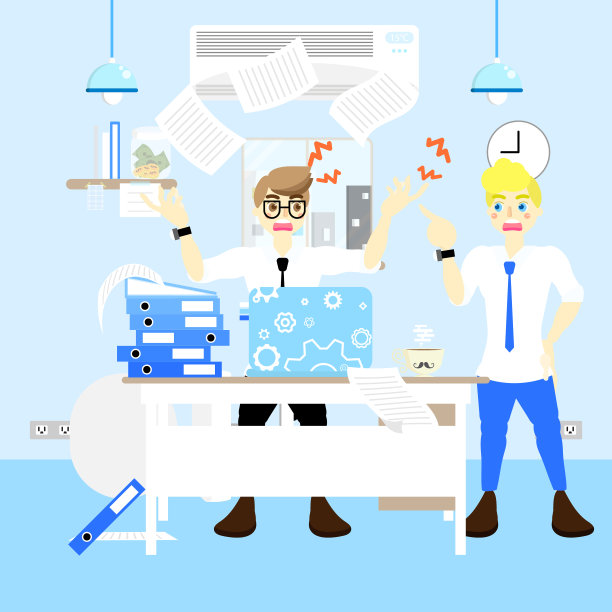 忙碌而愤怒的同事与商人争吵，对着办公桌大喊大叫，打概念，扔了一大堆纸，蓝色的室内设计背景图片下载