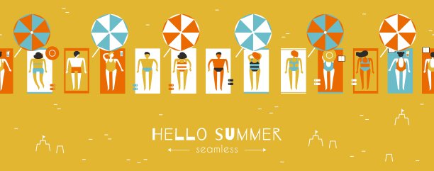 夏天人们在沙滩上打着阳伞晒太阳，图案无缝矢量图片下载