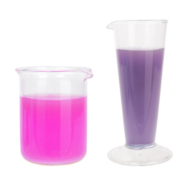 化学玻璃化学瓶中粉色和紫色液体添加剂图片下载