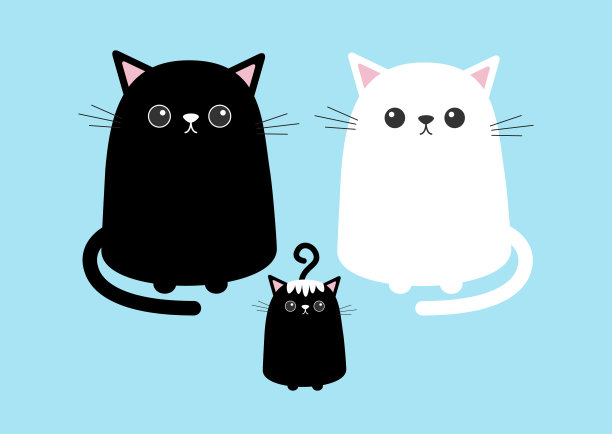 黑色白色可爱的猫咪坐小猫套装。家庭的父亲，母亲，孩子。卡通猫咪形象。卡哇伊的动物。滑稽的脸，眼睛，胡子，鼻子，耳朵。爱的名片。平面设计。蓝色背景图片下载