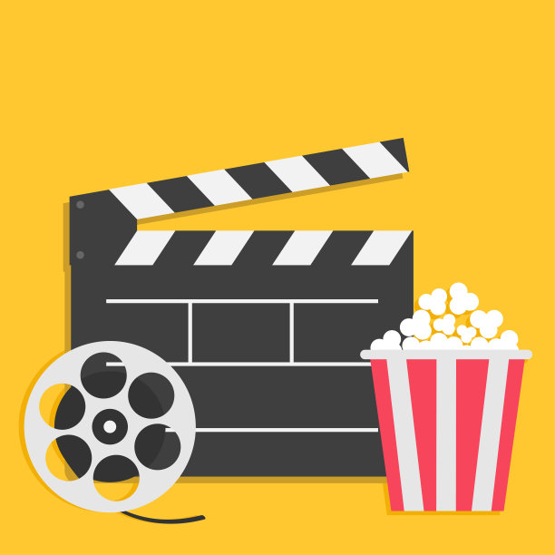 大打开拍板电影卷轴爆米花电影院图标集。平面设计风格。黄色背景。图片下载