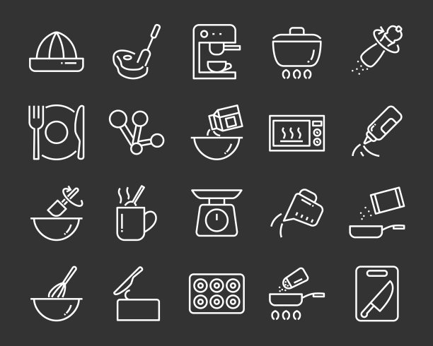 厨房用具图标套装：刀、盘子、烤箱、平底锅、叉子、碗、搅拌机图片下载